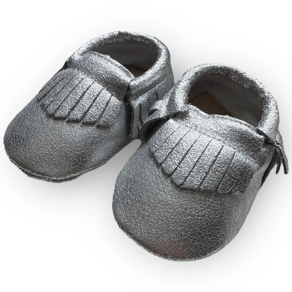 NWT Silver Genuine Leather Baby Moccasins - 6-12 Months